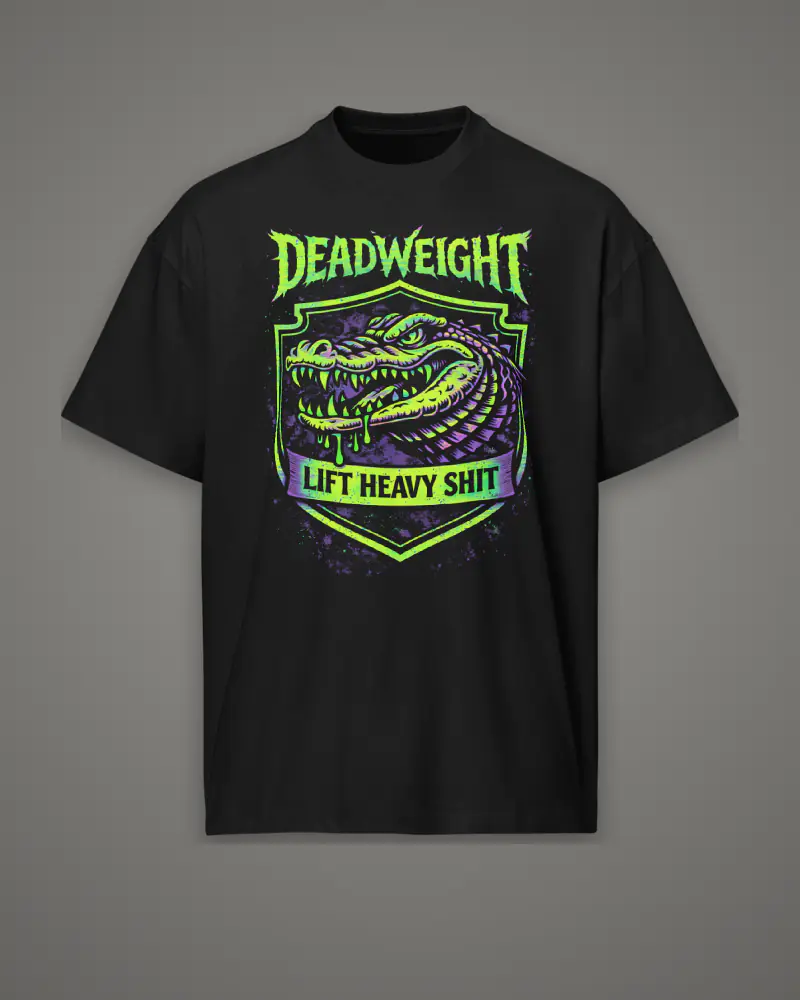Black oversized box tee, neon gator deadlifting, front