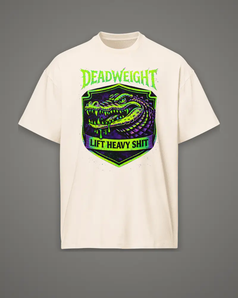 Vintage White oversized box tee, neon gator deadlifting, front