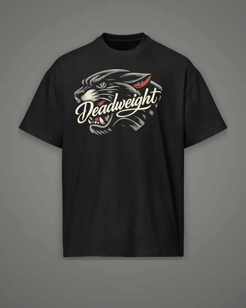 Black oversized box tee, panther script logo, front