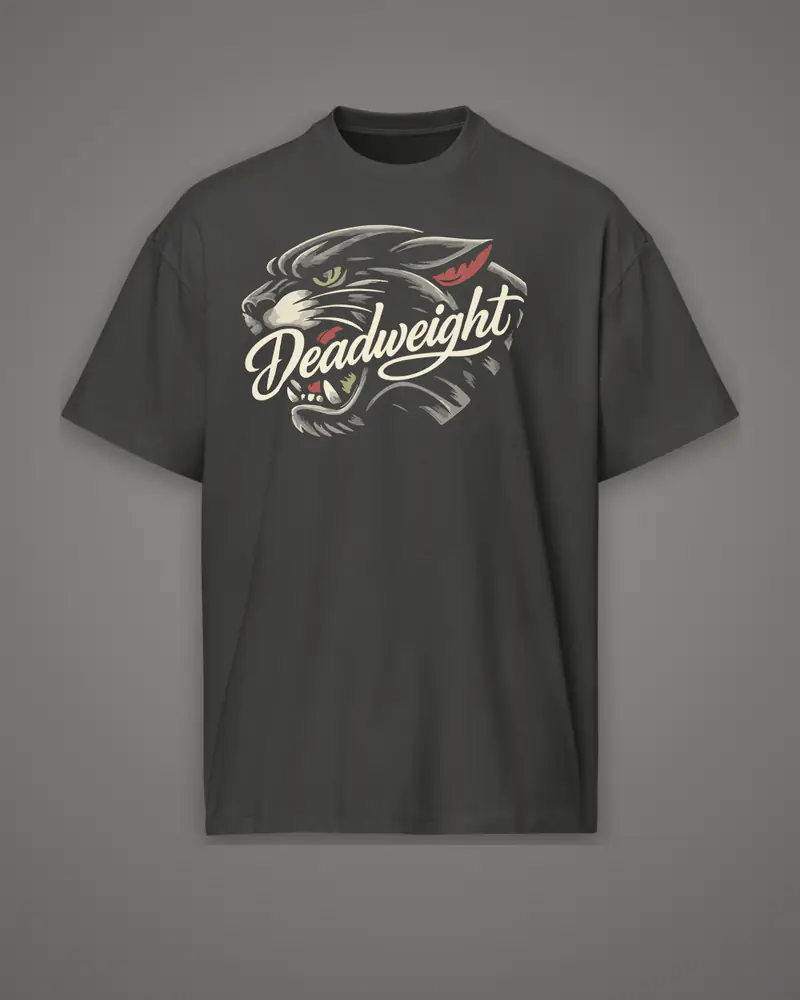 Vintage Black oversized box tee, panther script logo, front
