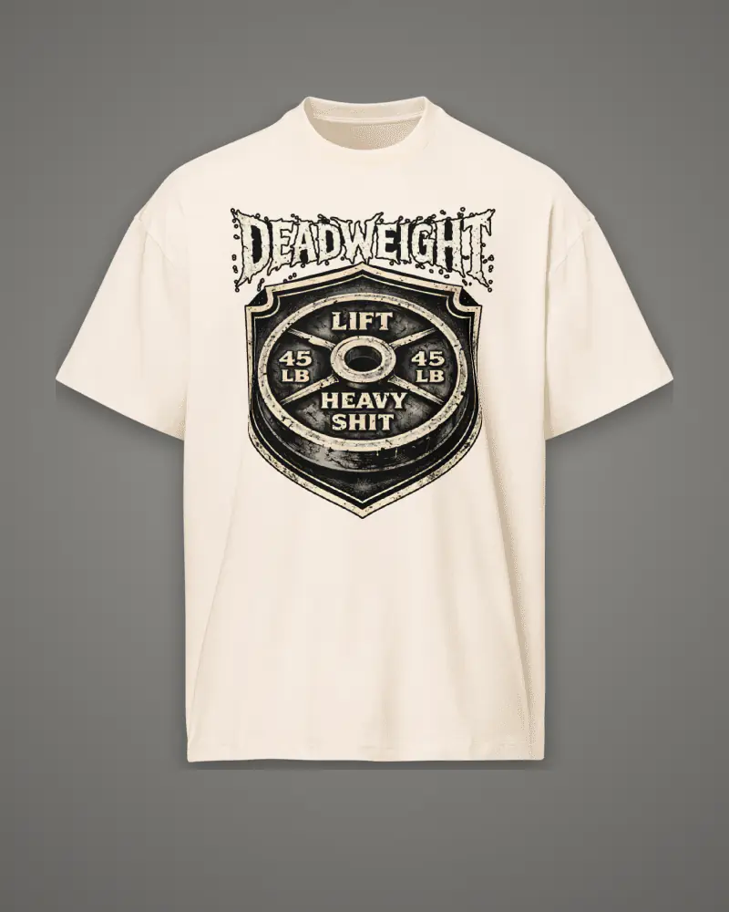 Vintage White oversized box tee, plate shield graphic, front