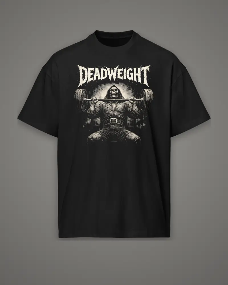 Black oversized box tee, reaper bench press graphic, front