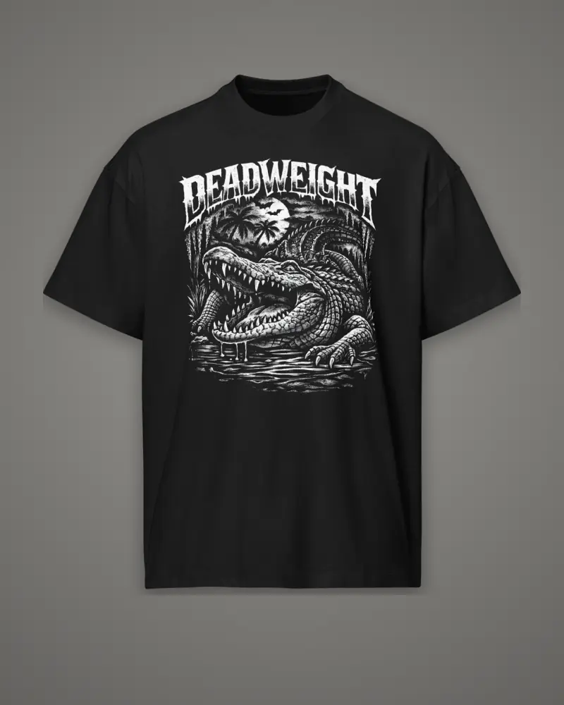 Black oversized box tee, swamp gator scene, front